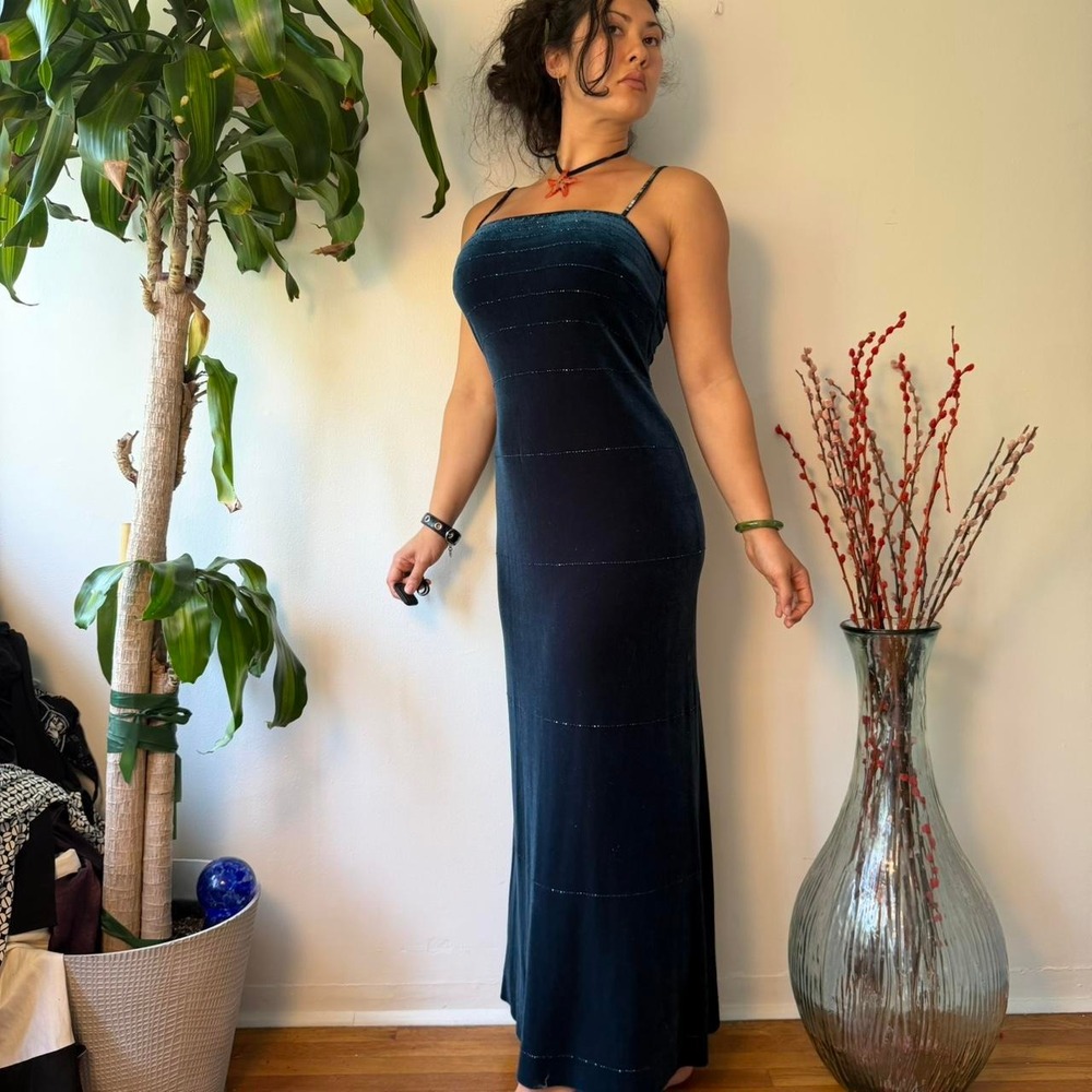 Rimini Teal Blue Velvet Beaded Formal Maxi Gown Low Back 90s Y2K Dress 10